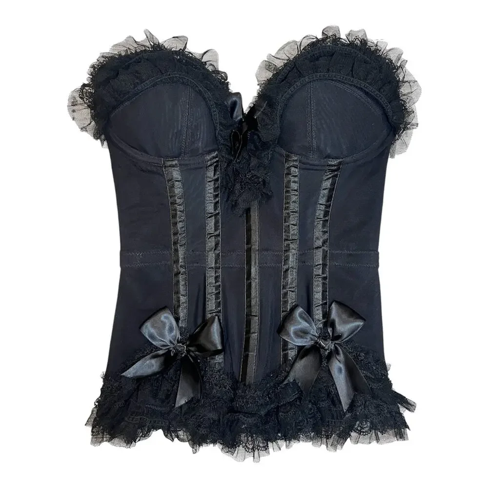 Vintage Trashy Lingerie Black Gothic Bustier Satin Bow Lace Corset Made in USA - Picture 8 of 15